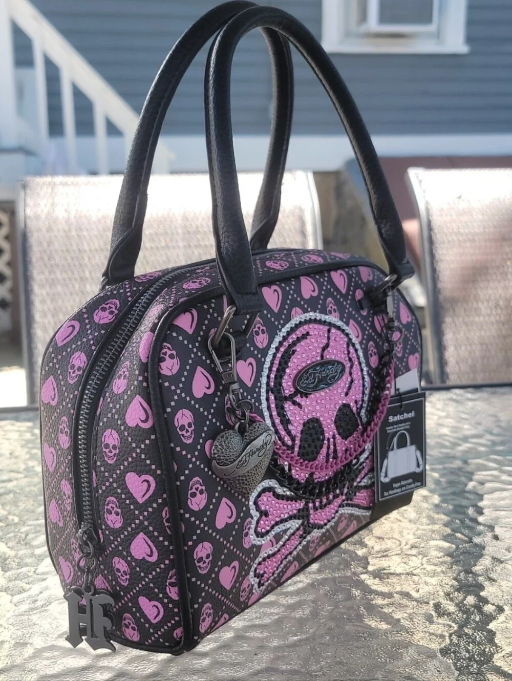 Ed Hardy Black and Pink Skull Satchel with Heart Charm
